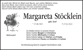 Anzeige von Margareta Stöcklein von MGO