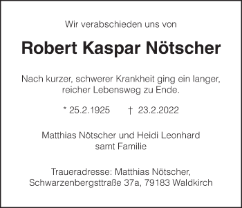 Anzeige von Robert Kaspar Nötscher von MGO