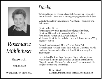 Anzeige von Rosemarie Mühlhäuser von MGO