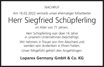 Anzeige von Siegfried Schüpferling von MGO