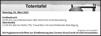 Anzeige von Totentafel vom 01.03.2022 von MGO