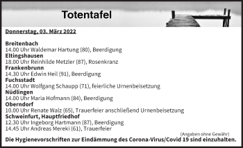 Anzeige von Totentafel vom 03.03.2022 von MGO
