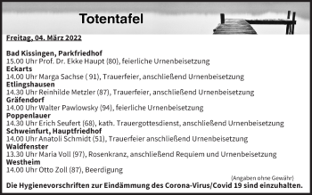Anzeige von Totentafel vom 04.03.2022 von MGO