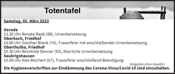 Anzeige von Totentafel vom 05.03.2022 von MGO