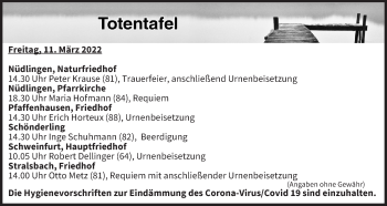 Anzeige von Totentafel vom 11.03.2022 von MGO