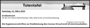 Anzeige von Totentafel vom 12.03.2022 von MGO