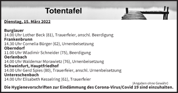 Anzeige von Totentafel vom 15.03.2022 von MGO