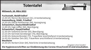 Anzeige von Totentafel vom 16.03.2022 von MGO