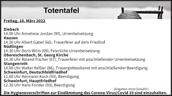 Anzeige von Totentafel vom 18.03.2022 von MGO