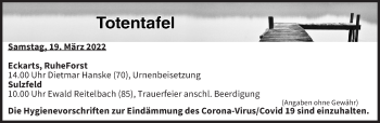 Anzeige von Totentafel vom 19.03.2022 von MGO