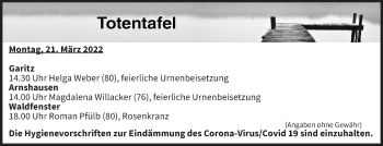 Anzeige von Totentafel vom 21.03.2022 von MGO