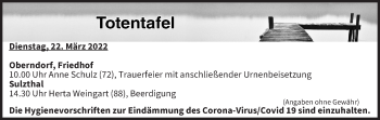 Anzeige von Totentafel vom 22.03.2022 von MGO