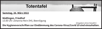 Anzeige von Totentafel vom 26.03.2022 von MGO