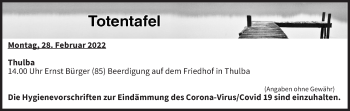 Anzeige von Totentafel vom 28.02.2022 von MGO