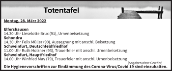 Anzeige von Totentafel vom 28.03.2022 von MGO