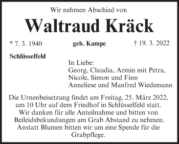 Anzeige von Waltraud Kräck von MGO