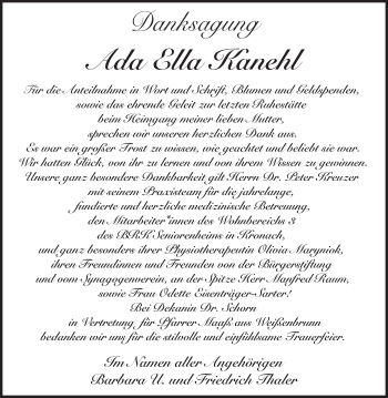 Anzeige von Ada Ella Kanehl von MGO