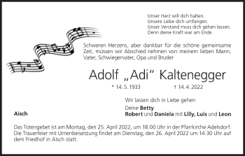 Anzeige von Adolf Kaltenegger von MGO