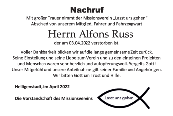 Anzeige von Alfons Russ von MGO