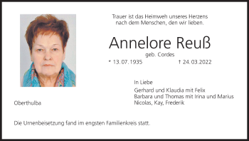 Anzeige von Annelore Reuß von MGO
