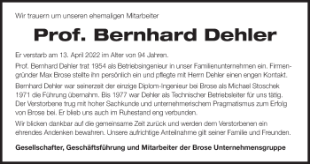 Anzeige von Bernhard Dehler von MGO