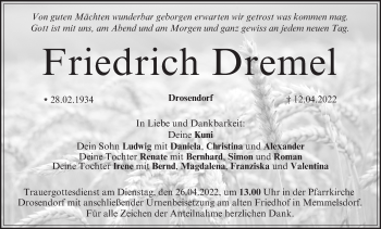 Anzeige von Friedrich Dremel von MGO