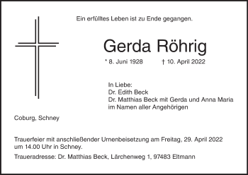 Anzeige von Gerda Röhrig von MGO