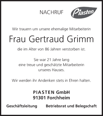 Anzeige von Gertraud Grimm von MGO