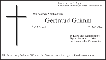 Anzeige von Gertraud Grimm von MGO
