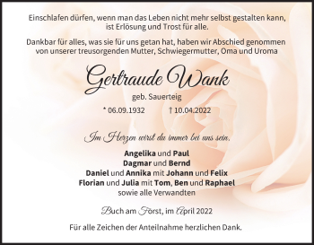 Anzeige von Gertraude Wank von MGO