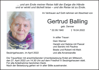 Anzeige von Gertrud Balling von MGO