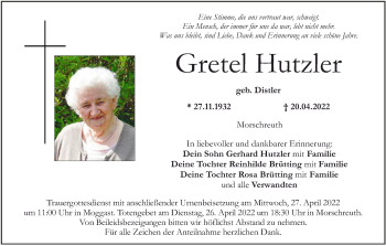 Anzeige von Gretel Hutzler von MGO