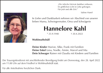 Anzeige von Hannelore Kahl von MGO