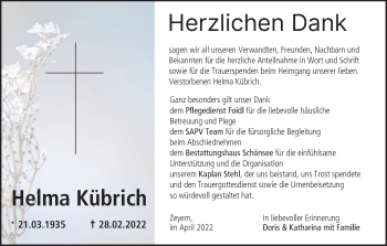 Anzeige von Helma Kübrich von MGO