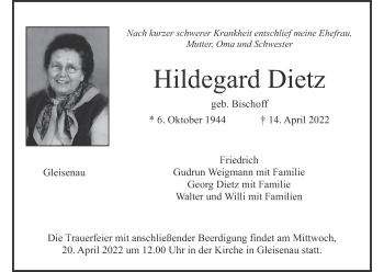 Anzeige von Hildegard Dietz von MGO