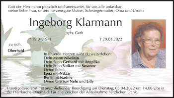 Anzeige von Ingeborg Klarmann von MGO