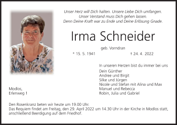 Anzeige von Irma Schneider von MGO