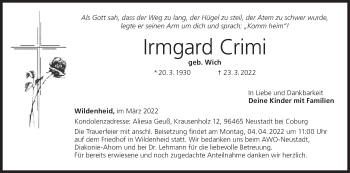 Anzeige von Irmgard Crimi von MGO