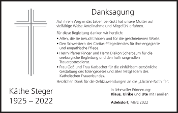 Anzeige von Käthe Steger von MGO