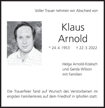Anzeige von Klaus Arnold von MGO