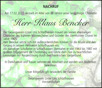 Anzeige von Klaus Bencker von MGO