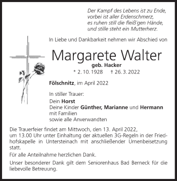 Anzeige von Margarete Walter von MGO