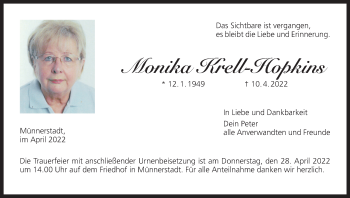 Anzeige von Monika Krell-Hopkins von MGO