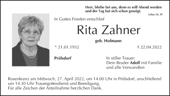 Anzeige von Rita Zahner von MGO