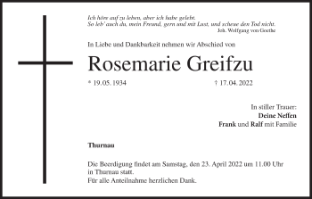 Anzeige von Rosemarie Greifzu von MGO