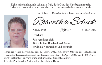 Anzeige von Roswitha Schick von MGO