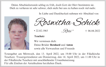 Anzeige von Roswitha Schick von MGO