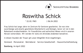 Anzeige von Roswitha Schick von MGO
