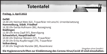 Anzeige von Totentafel vom 01.04.2022 von MGO