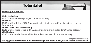Anzeige von Totentafel vom 02.04.2022 von MGO